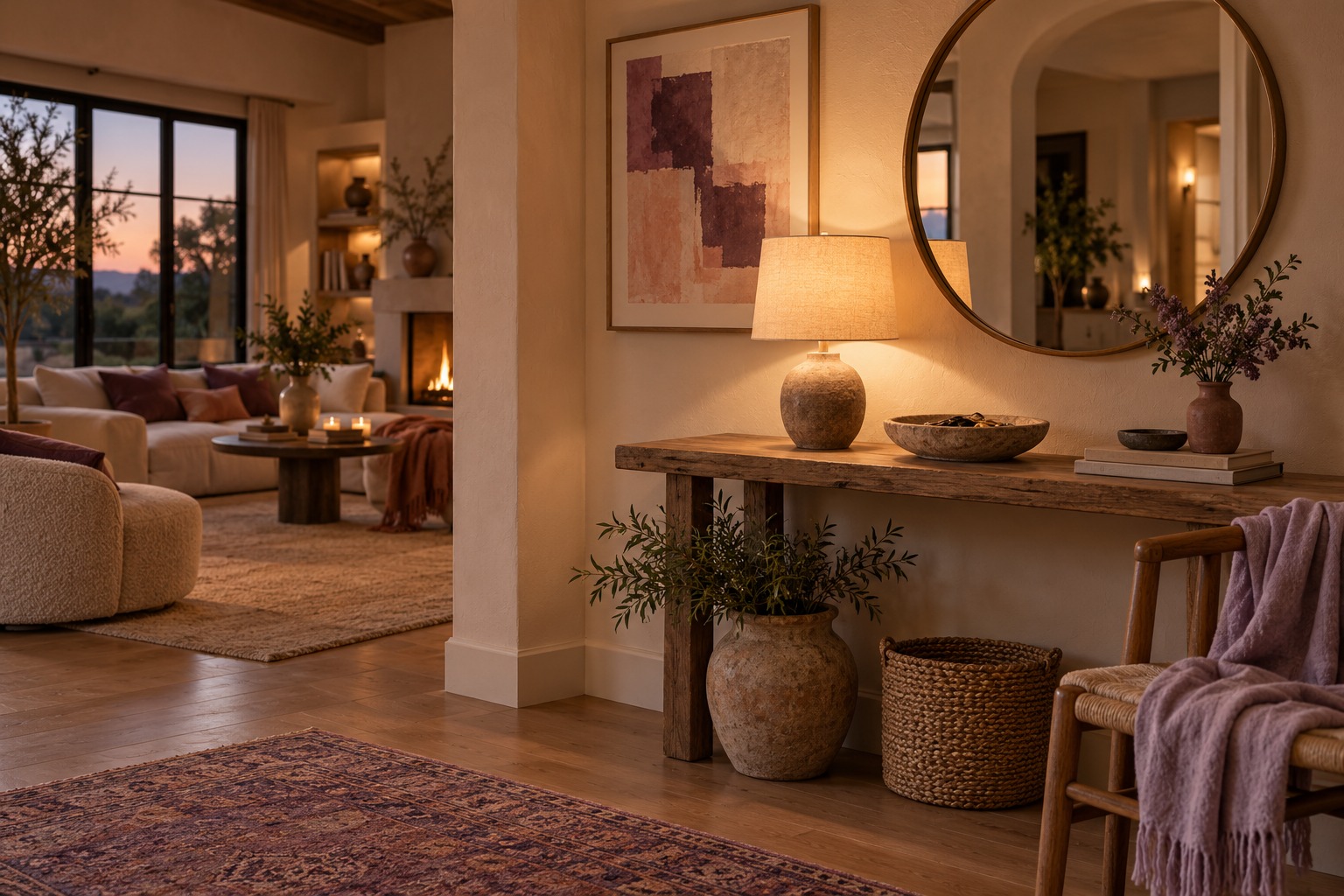 A welcoming living nook with ambient lighting and everyday details