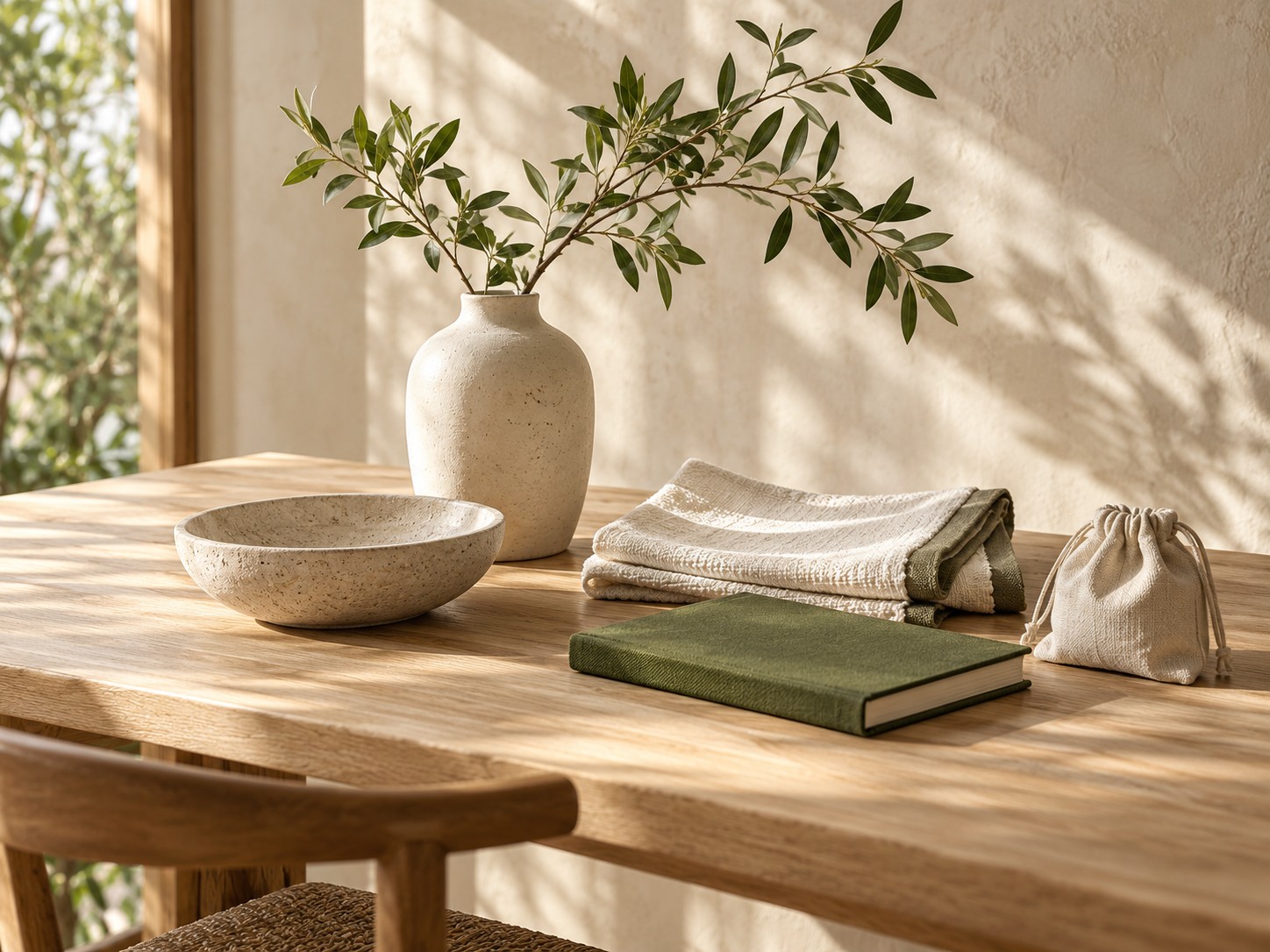 Ivory ceramic vase and bowl, green notebook, folded woven cloth and flax pouch on an oak table