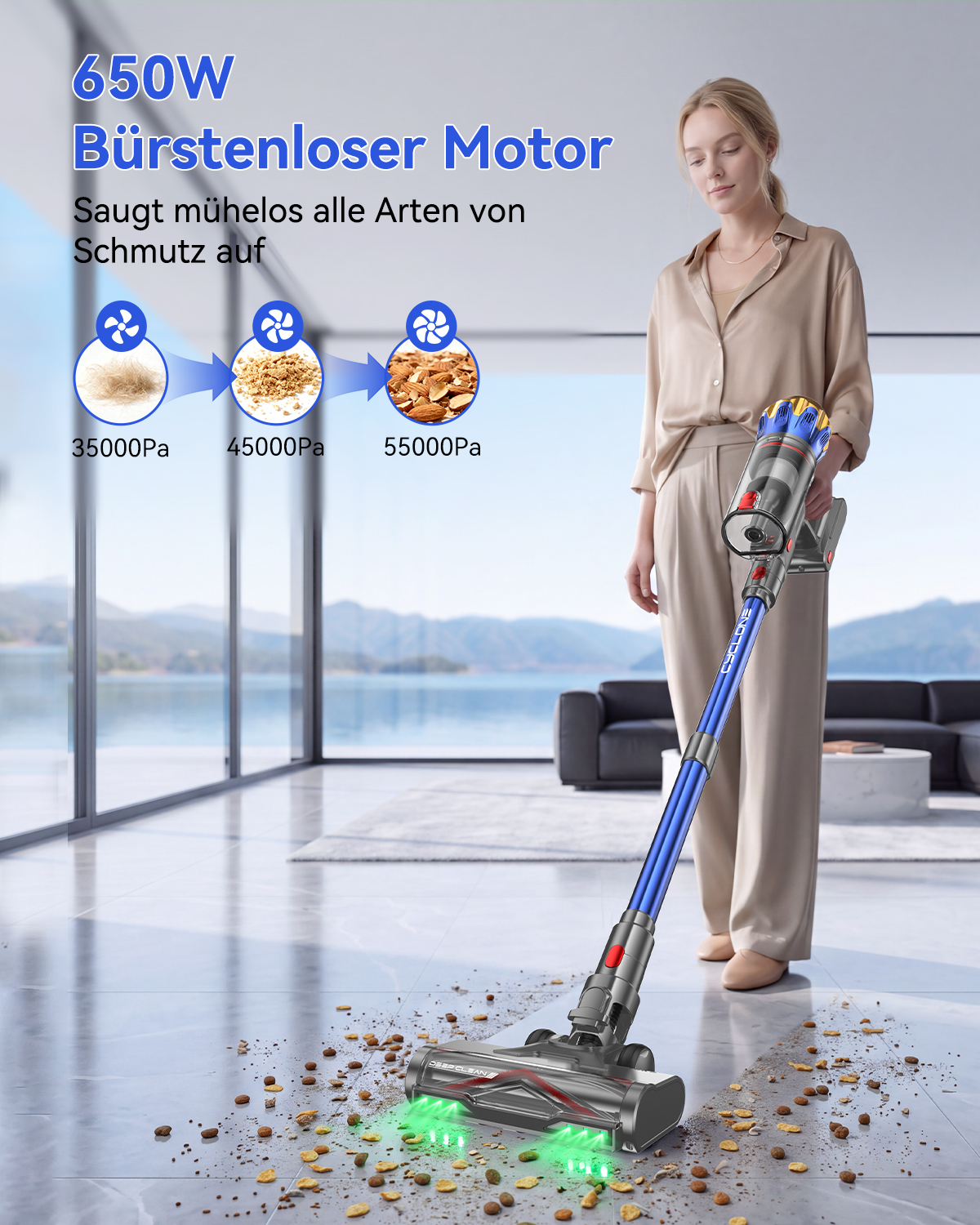 Vistefly A12 Akku Staubsauger 650W 55Kpa 80Min für Teppiche Hartböden, Blau