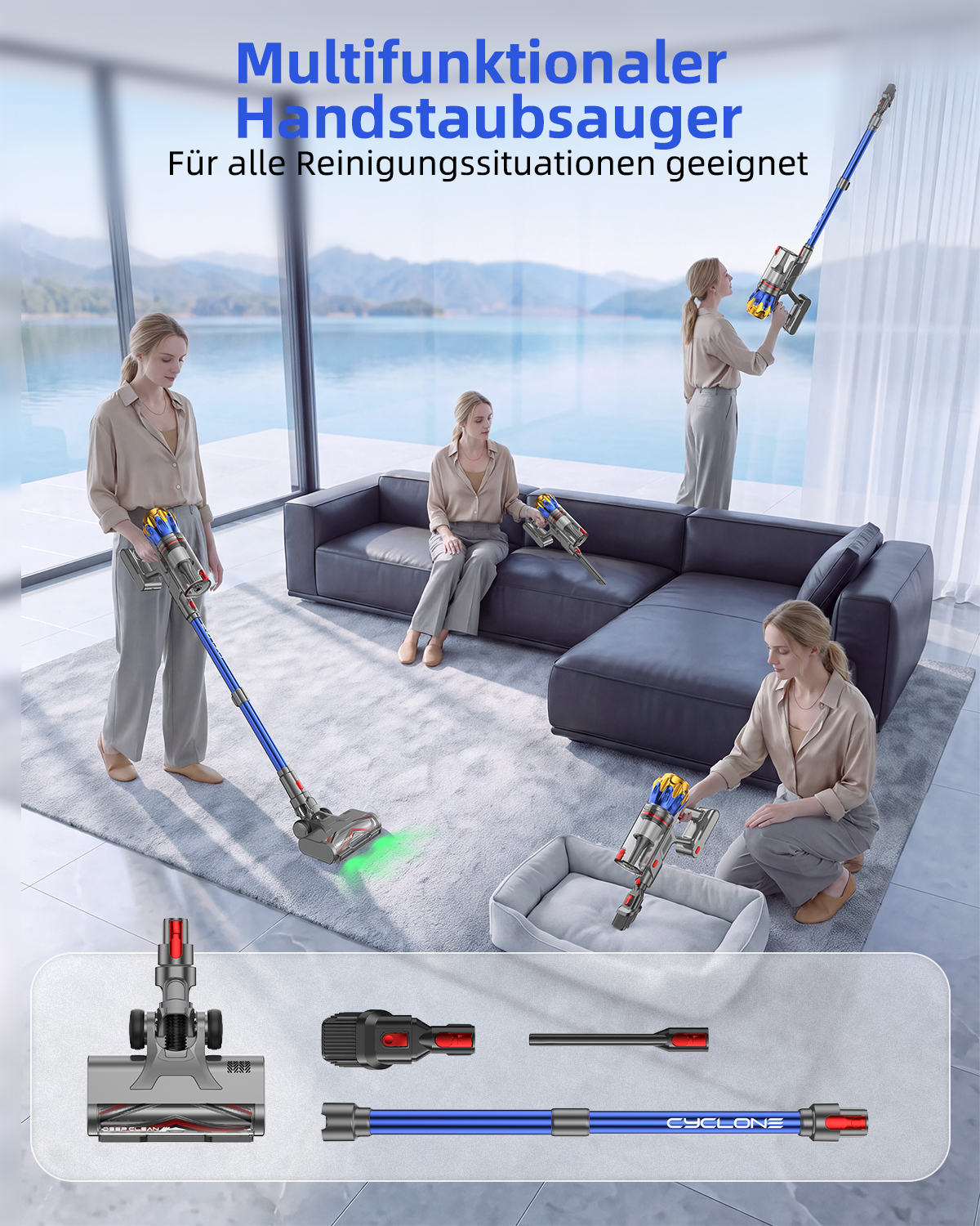 Vistefly A12 Akku Staubsauger 650W 55Kpa 80Min für Teppiche Hartböden, Blau