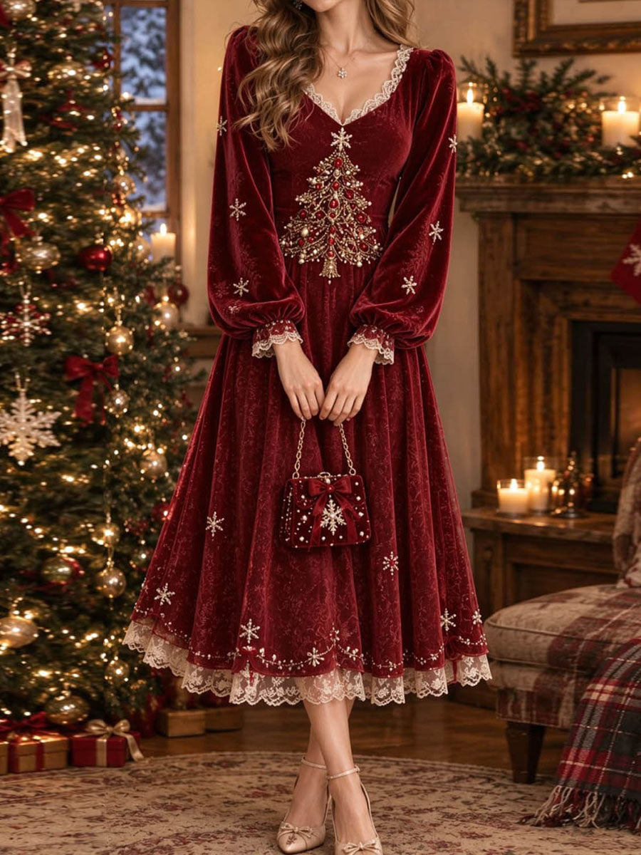 Women's Christmas Burgundy Christmas Tree Snowflake Lace V Neck Long Sleeve Midi Dress