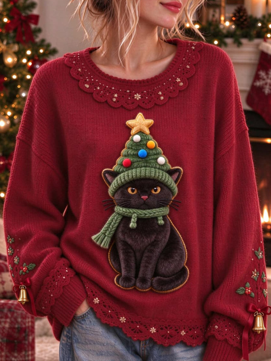 Women's Christmas Red Black Cat Christmas Tree Lace Round Neck Long Sleeve Sweater
