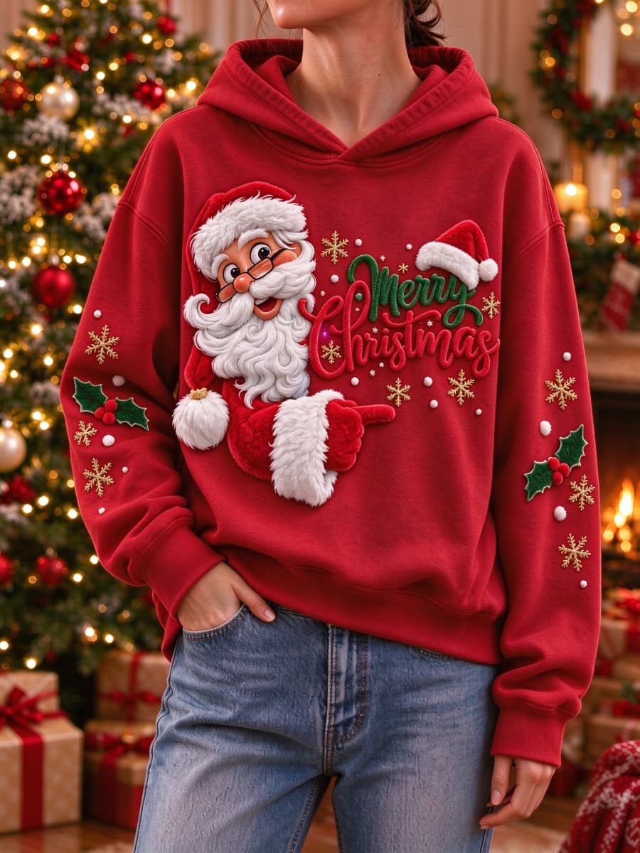 Women's Christmas Red Santa Claus Holly Snowflake Letter Print Hooded Long Sleeve Hoodie