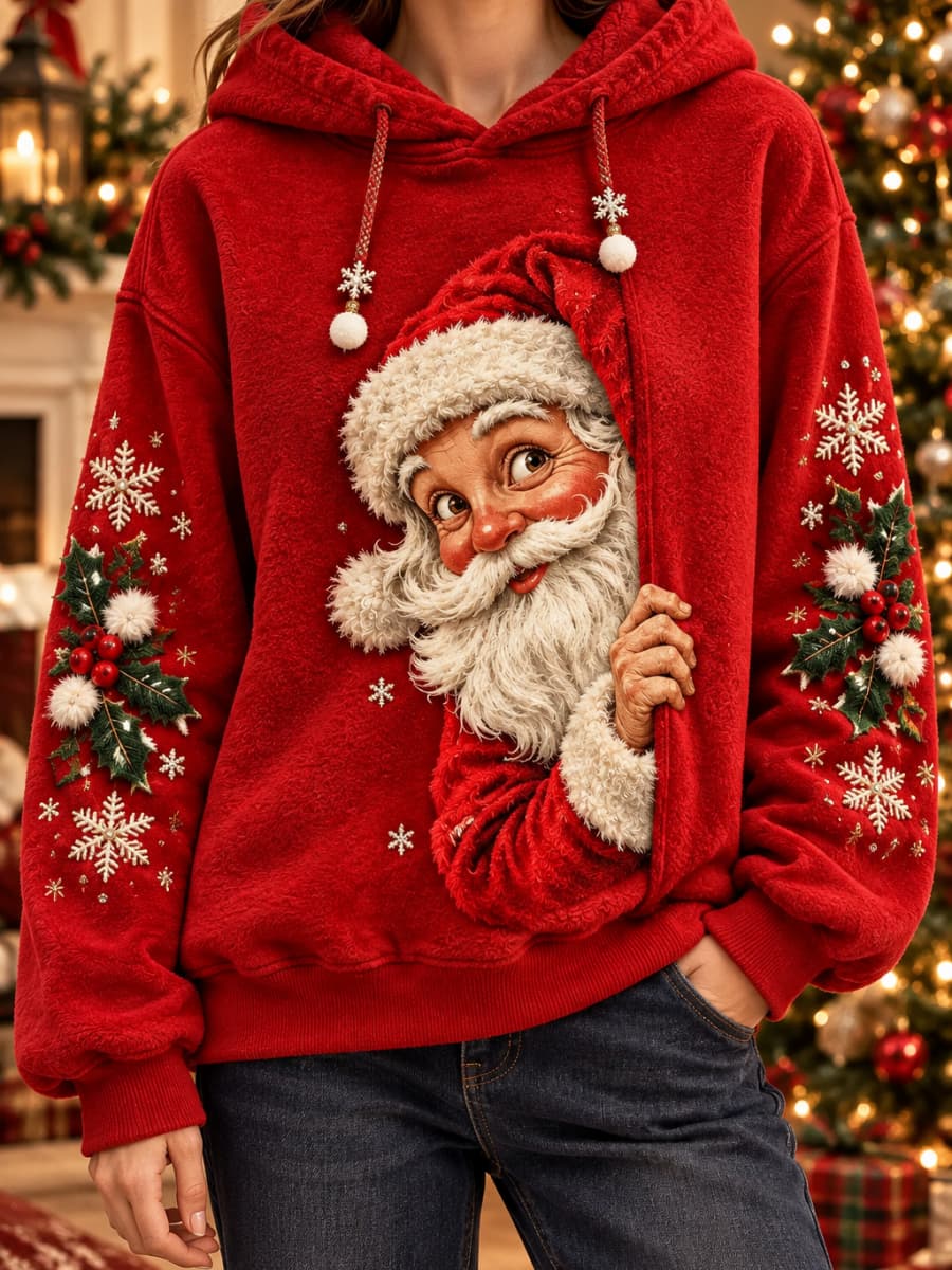 Women's Christmas Red Funny Santa Claus Holly Snowflake Print Hooded Long Sleeve Hoodie