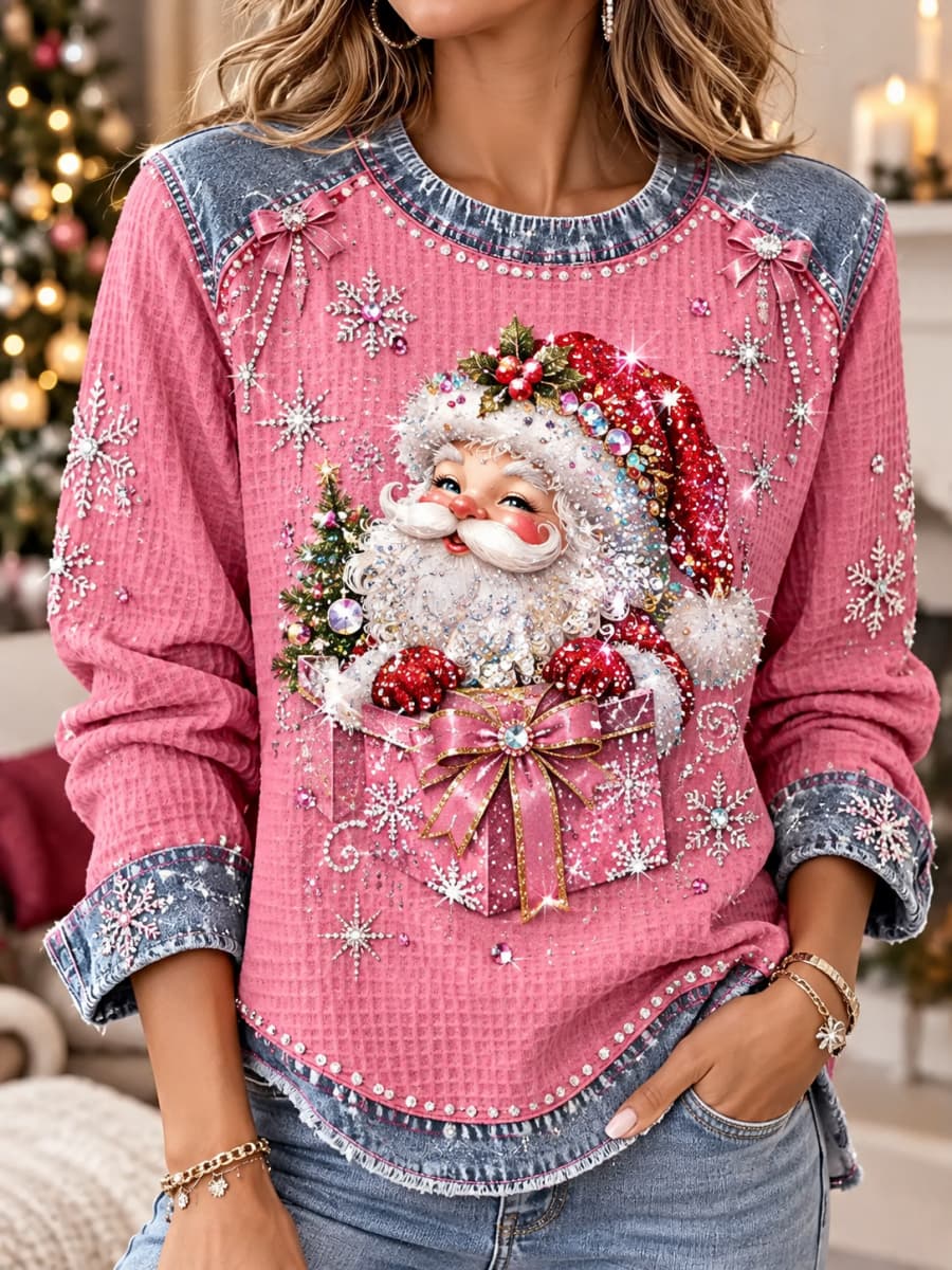 Women's Christmas Pink Santa Claus Gift Box Snowflake Patchwork Round Neck Long Sleeve Sweatshirt