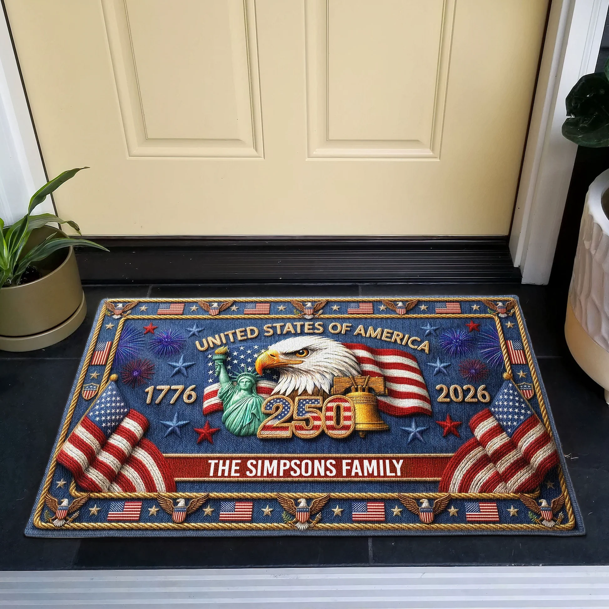 USA 250 Years Of Freedom Faux Pattern - Personalized Doormat