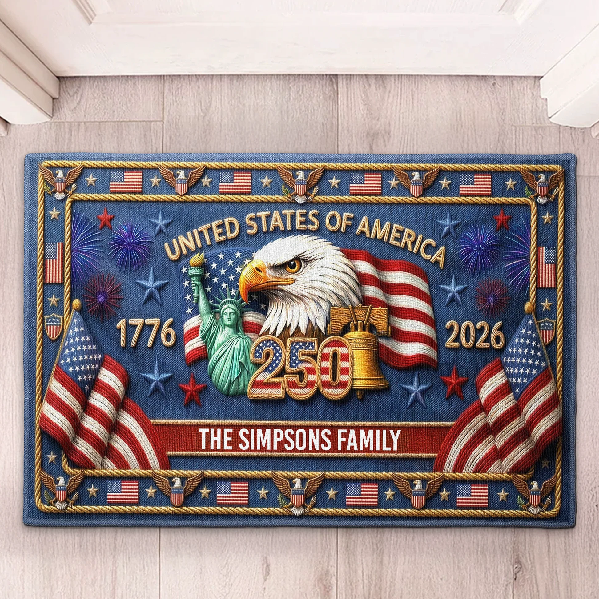 USA 250 Years Of Freedom Faux Pattern - Personalized Doormat