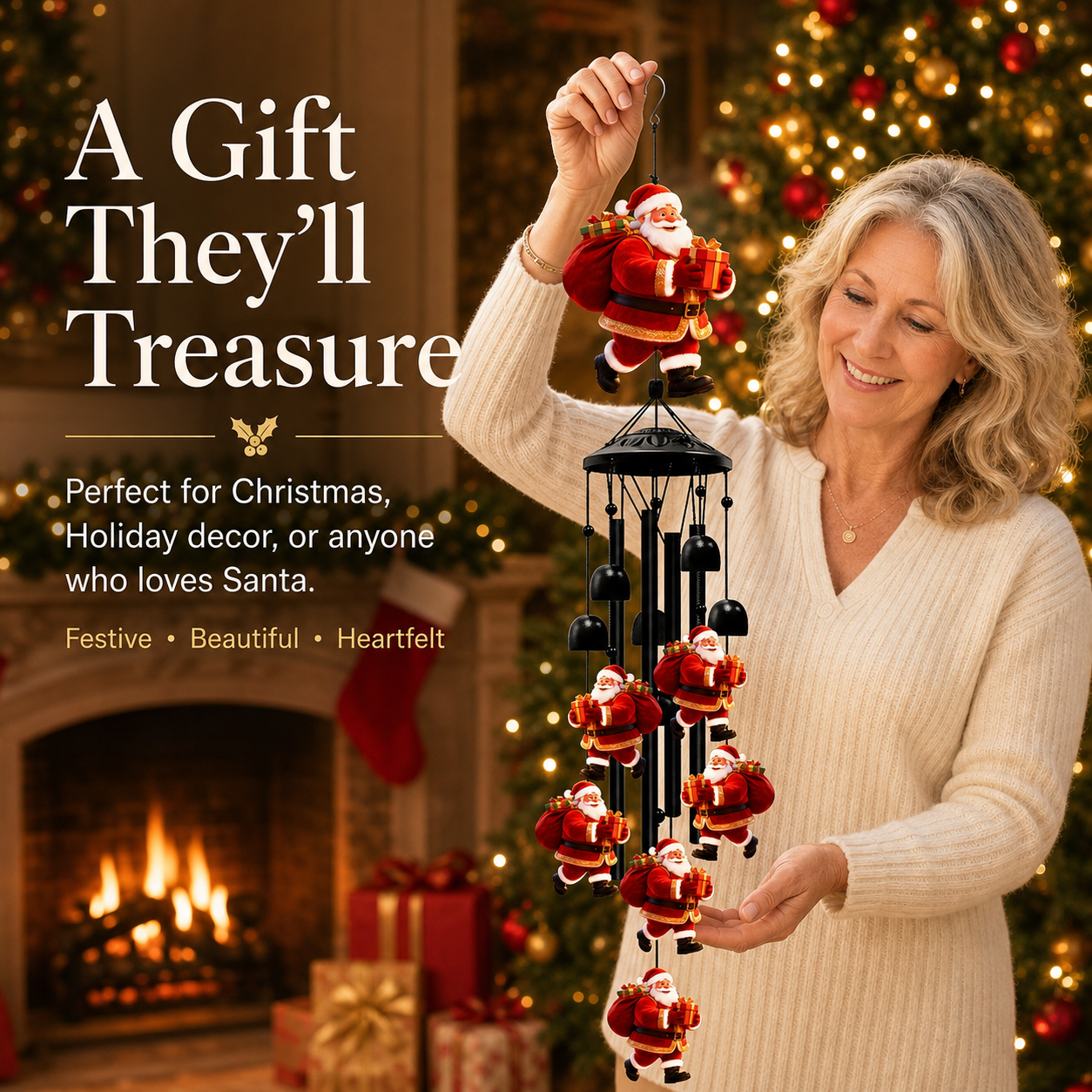 🎅 Christmas Santa Wind Chime with Metal Tubes & Bells