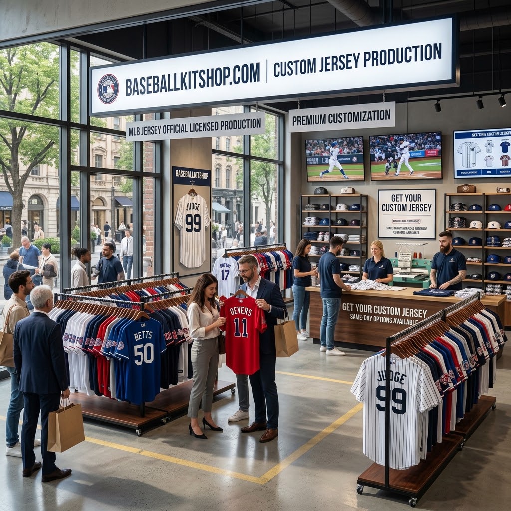 Customers shopping inside the BaseballKitShop flagship store viewing custom MLB baseball jerseys and on-site embroidery customization desk at baseballkitshop.com