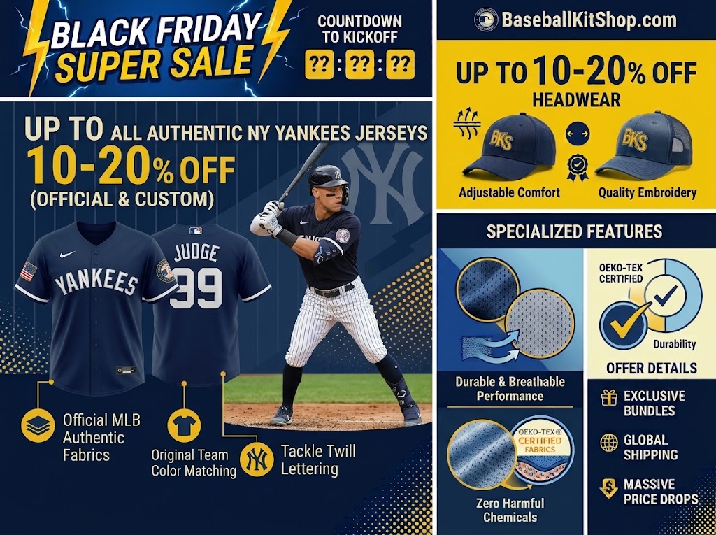 Black Friday Super Sale promotional banner for BaseballKitShop featuring 10% to 20% off authentic New York Yankees jerseys, custom headwear, and breathable performance athletic apparel.