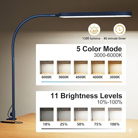 Flexible Gooseneck Clip-On Desk Light – Multi-Level Dimmable Reading Lamp (Soft Blue)