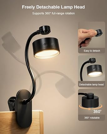 Cordless Detachable LED Bedside Reading Light – 5000mAh Rechargeable Clamp Lamp