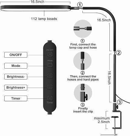 Flexible Gooseneck Clip-On Desk Light – Multi-Level Dimmable Reading Lamp (Black)