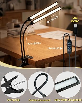 Dual-Bar LED Clip-On Task Light – Wide-Angle Adjustable Headboard & Easel Lamp