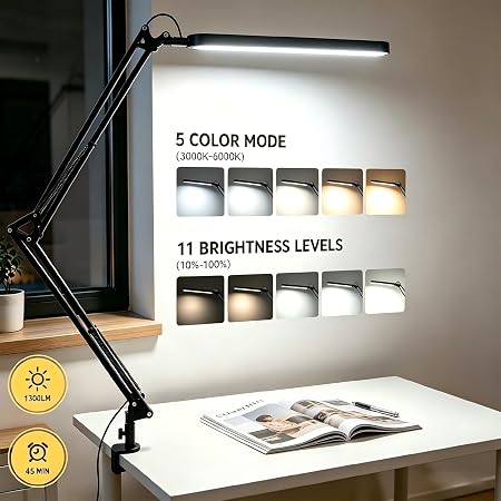 Modern Swing Arm Study Desk Lamp – Multi-Tone Dimmable LED Task Light (Black)