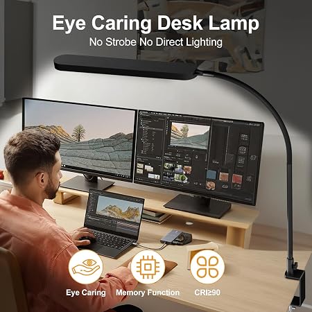 Flexible Gooseneck Clip-On Desk Light – Multi-Level Dimmable Reading Lamp (Black)