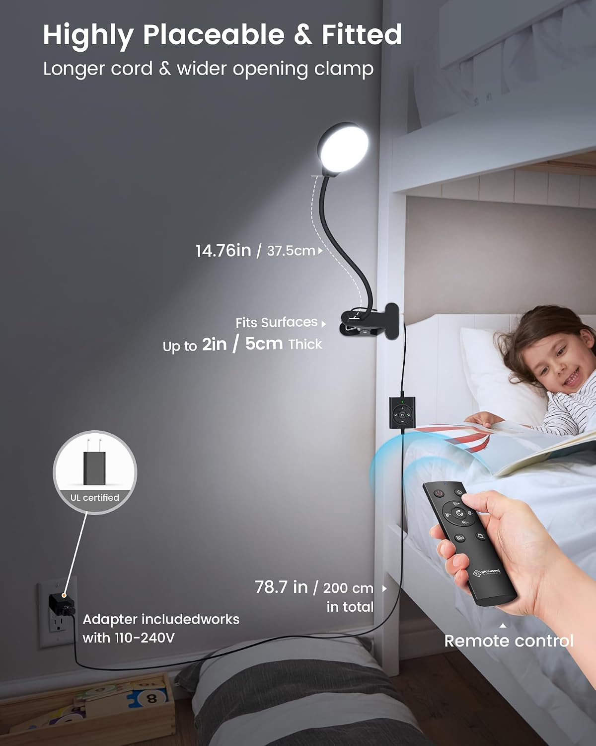 Heavy-Duty Clamp Bedside Reading Light – Multi-Mode Remote & UK Plug