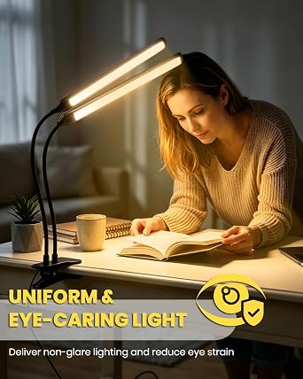 Dual-Bar LED Clip-On Task Light – Wide-Angle Adjustable Headboard & Easel Lamp