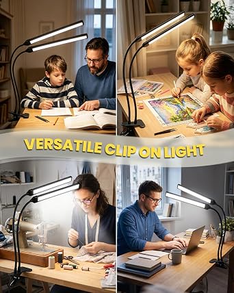 Dual-Bar LED Clip-On Task Light – Wide-Angle Adjustable Headboard & Easel Lamp
