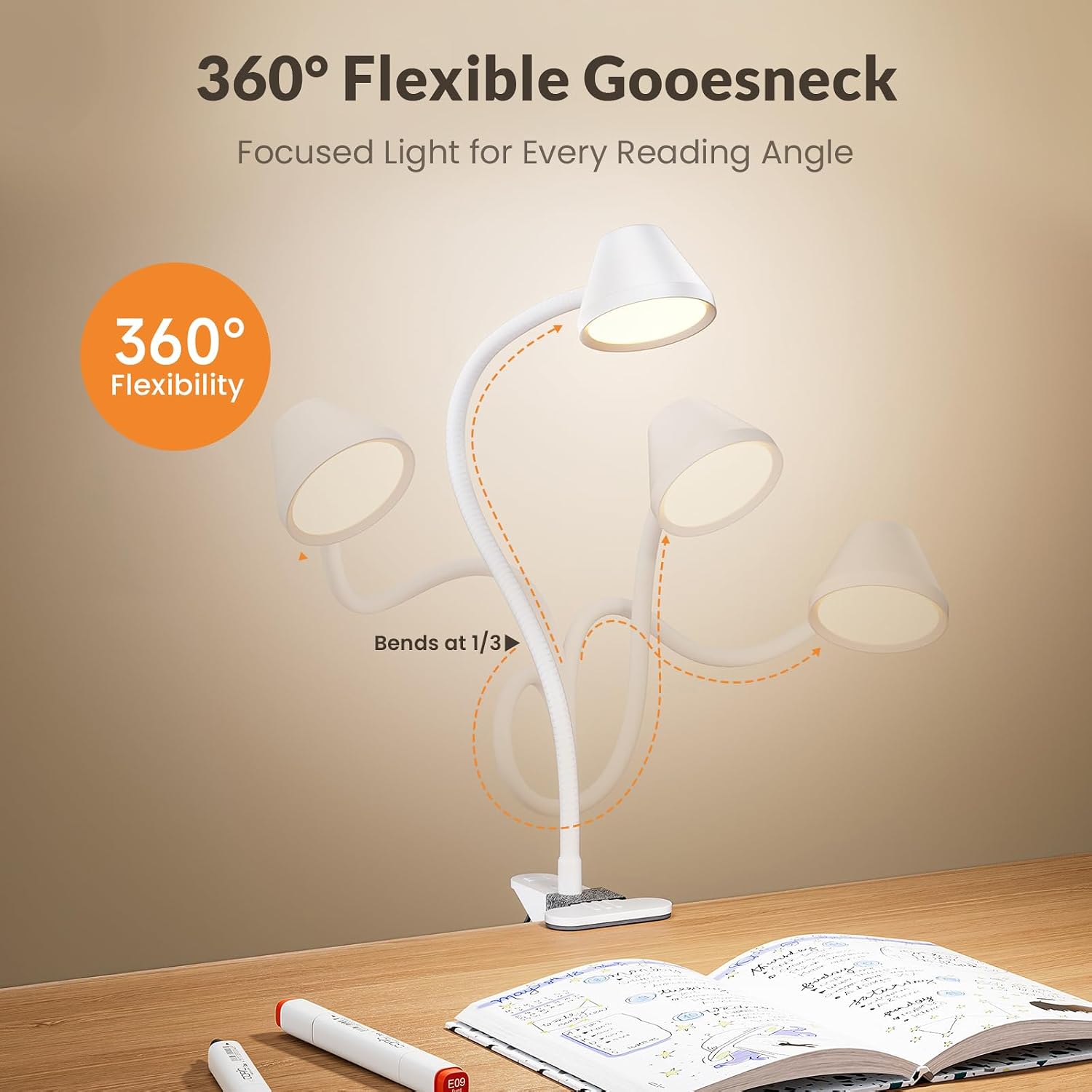 Somno Amber Glow Bedside Clip Light – RG0 Eye-Caring Night Reading Lamp (White)