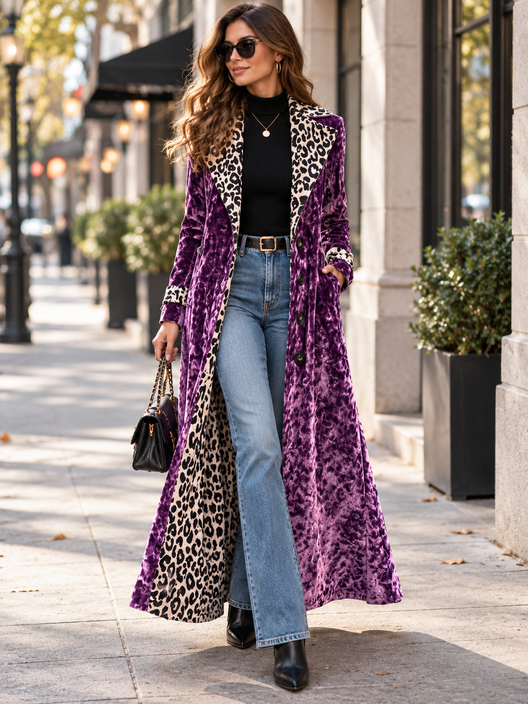 Women's Elegant Leopard Print Trim Velvet Long Coat