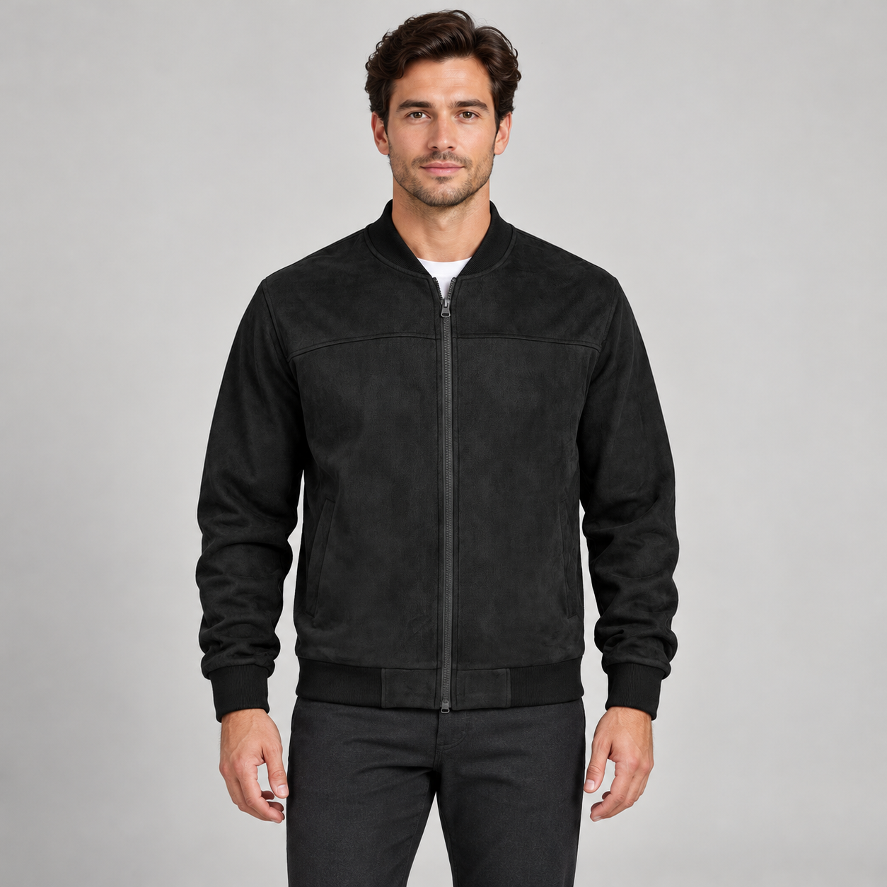 Male model wearing the Black suede-look full-zip bomber jacket