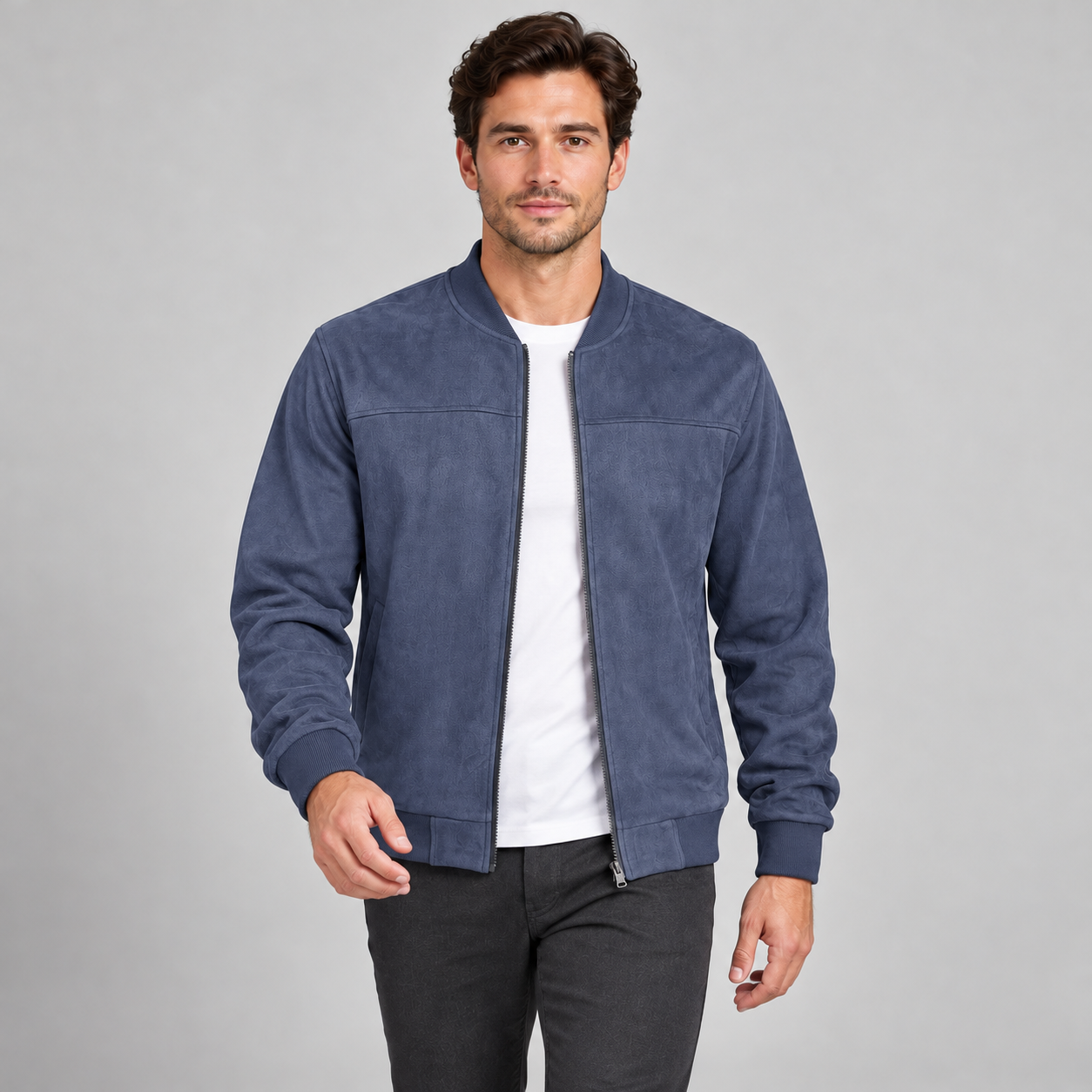 Male model wearing the Navy suede-look full-zip bomber jacket