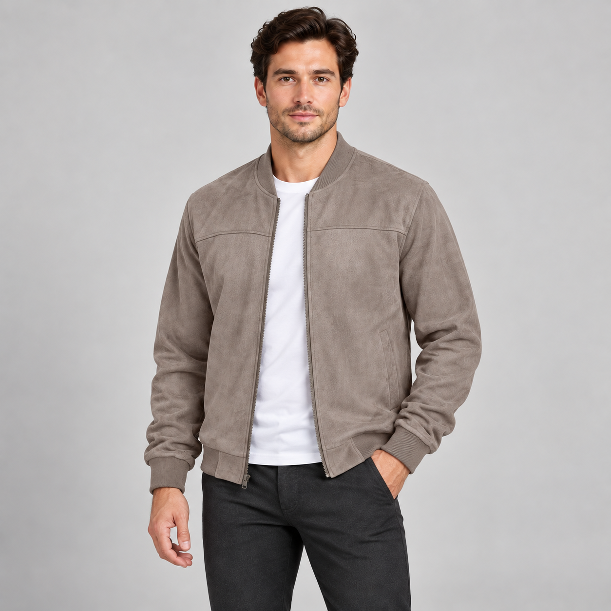 Male model wearing the Taupe suede-look full-zip bomber jacket