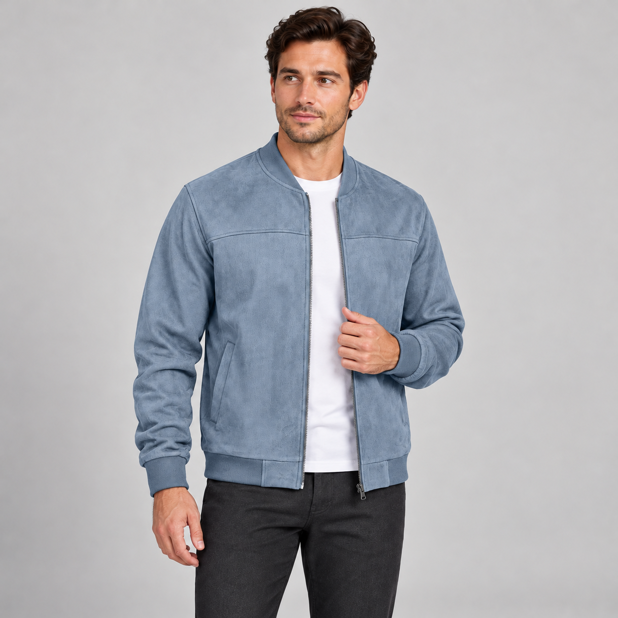 Male model wearing the Light Blue suede-look full-zip bomber jacket