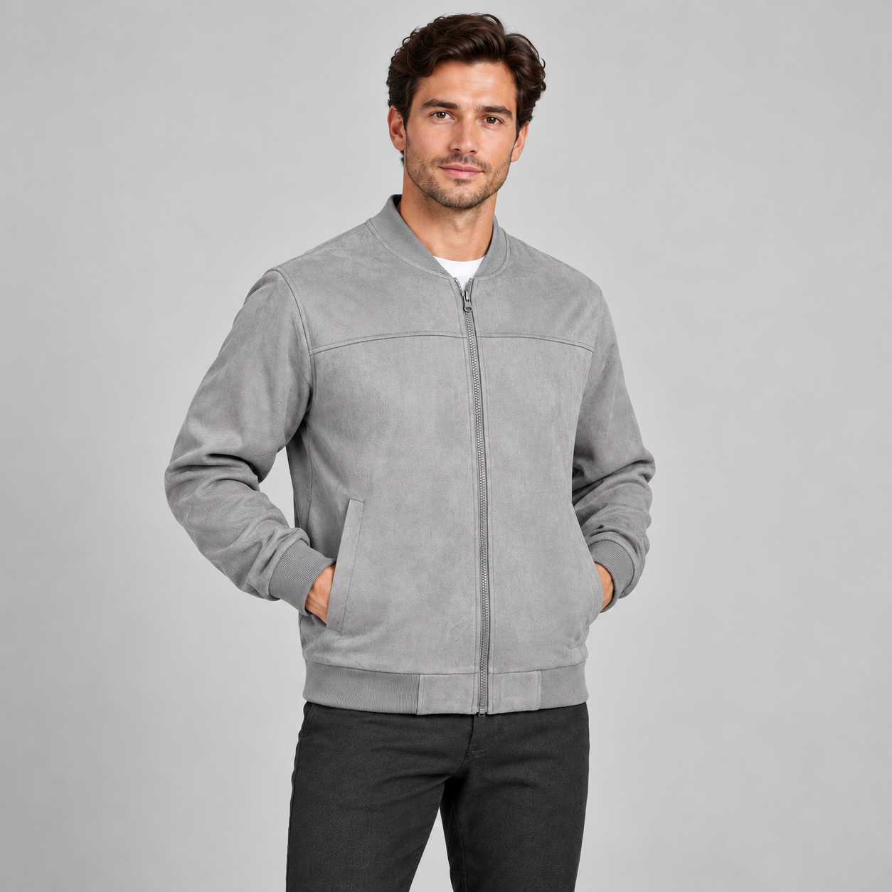 Male model wearing the Gray suede-look full-zip bomber jacket