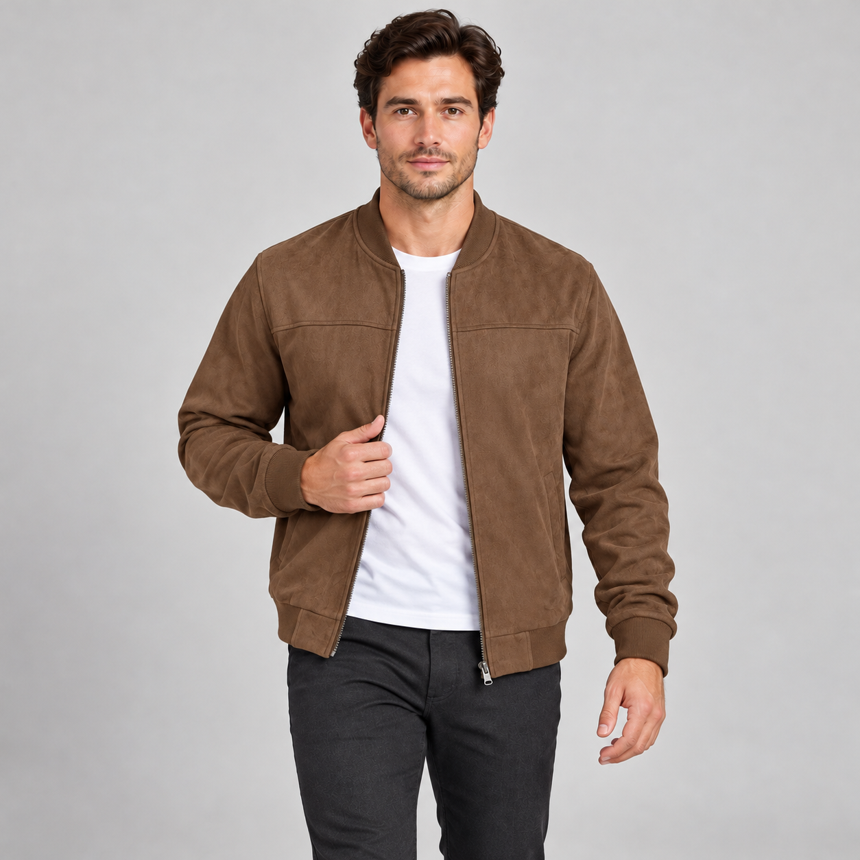Male model wearing the Brown suede-look full-zip bomber jacket