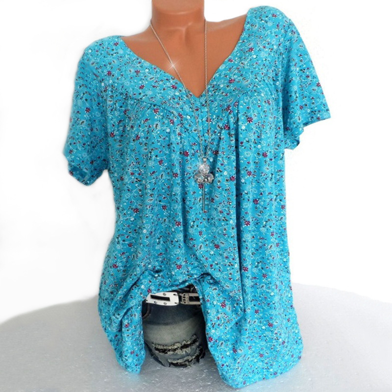 V-Neck Loose Short Sleeve Printed T-Shirt