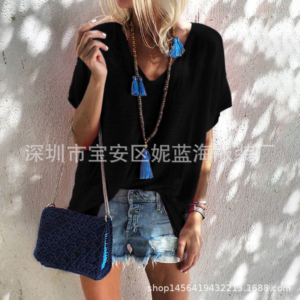 Women's Candy Color V-Neck Short Sleeve Loose T-Shirt