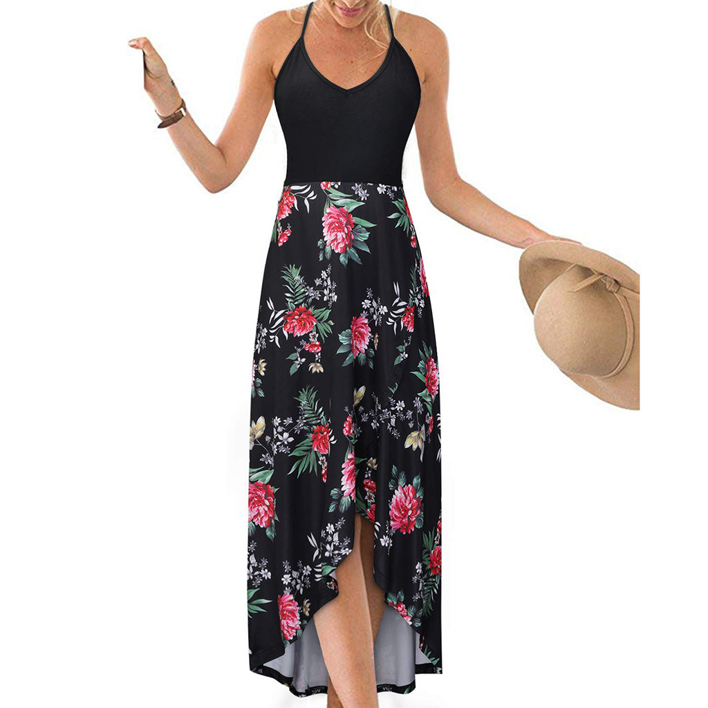 V-Neck Sleeveless Open-Back Colorblock Floral Print Maxi Dress