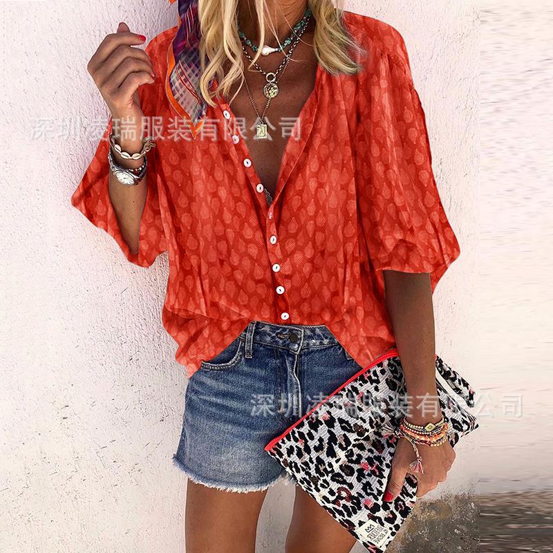 Women's Printed Long Sleeve Button-Up Collared Blouse Loose Fit