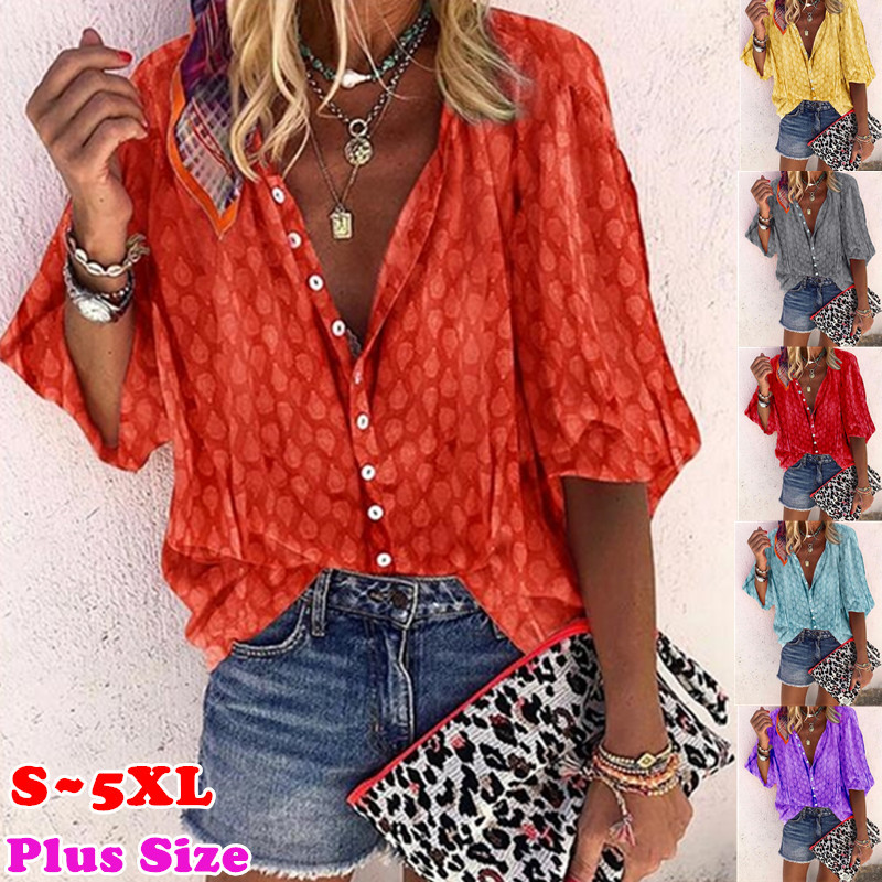 Women's Printed Long Sleeve Button-Up Collared Blouse Loose Fit
