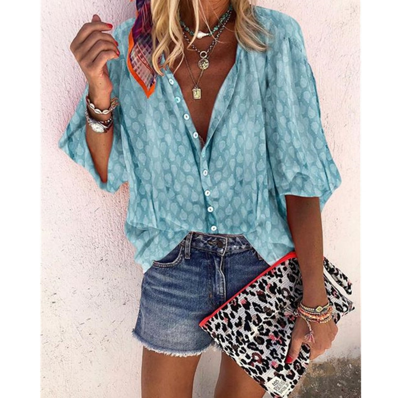 Women's Printed Long Sleeve Button-Up Collared Blouse Loose Fit