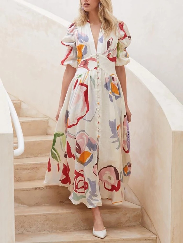 Women's Floral Print V-Neck Long Sleeve High Waist A-Line Maxi Dress