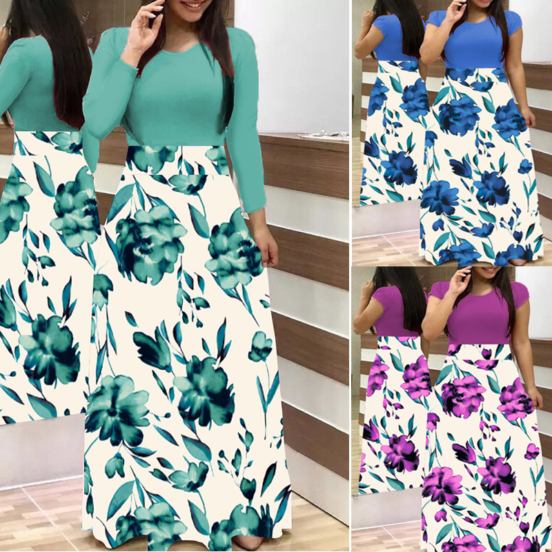 Floral Colorblock Long Sleeve Maxi Dress with Full Skirt