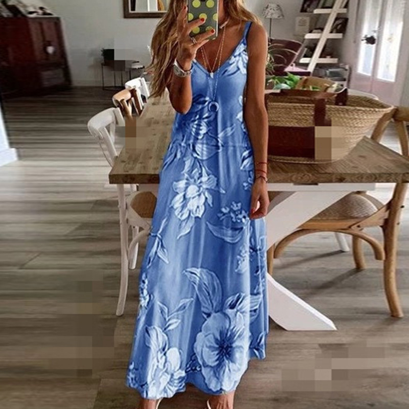 Women's Summer Sleeveless V-Neck A-Line Maxi Dress with Digital Print