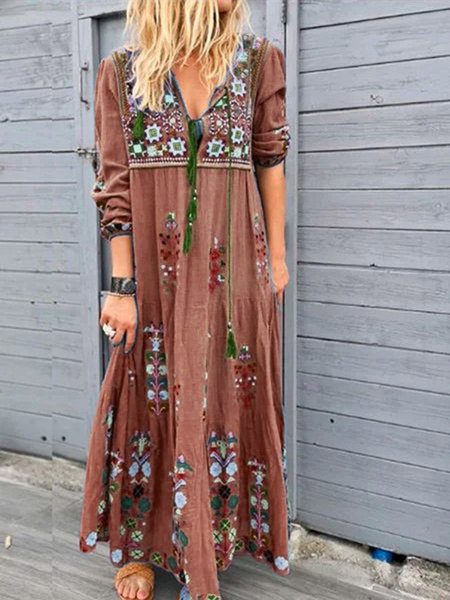 Bohemian Floral Print Patchwork Long Dress with Drawstring Tie Long Sleeves