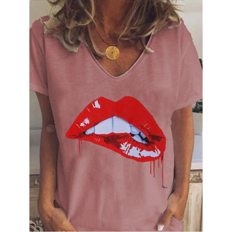 Women's Casual V-Neck Lip Print Short Sleeve T-Shirt
