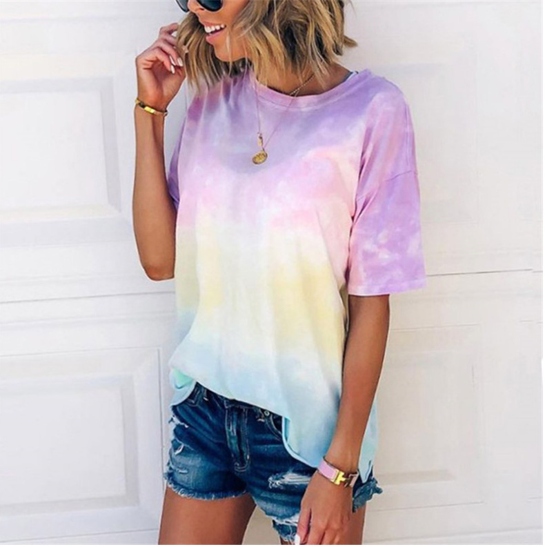 Tie-Dye Gradient Print Loose T-Shirt Women's Short Sleeve Crew Neck Top