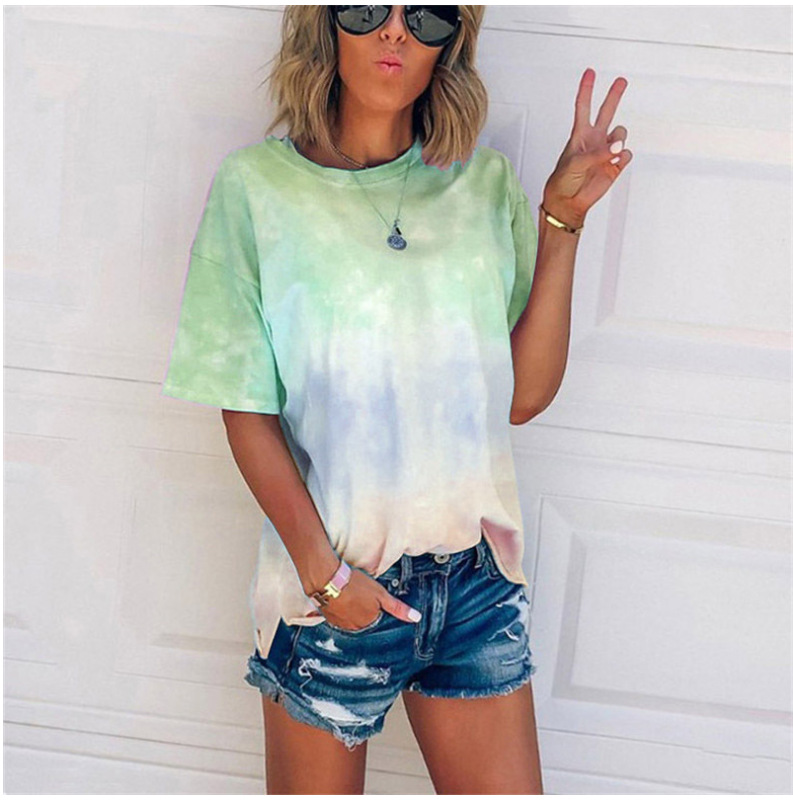 Tie-Dye Gradient Print Loose T-Shirt Women's Short Sleeve Crew Neck Top