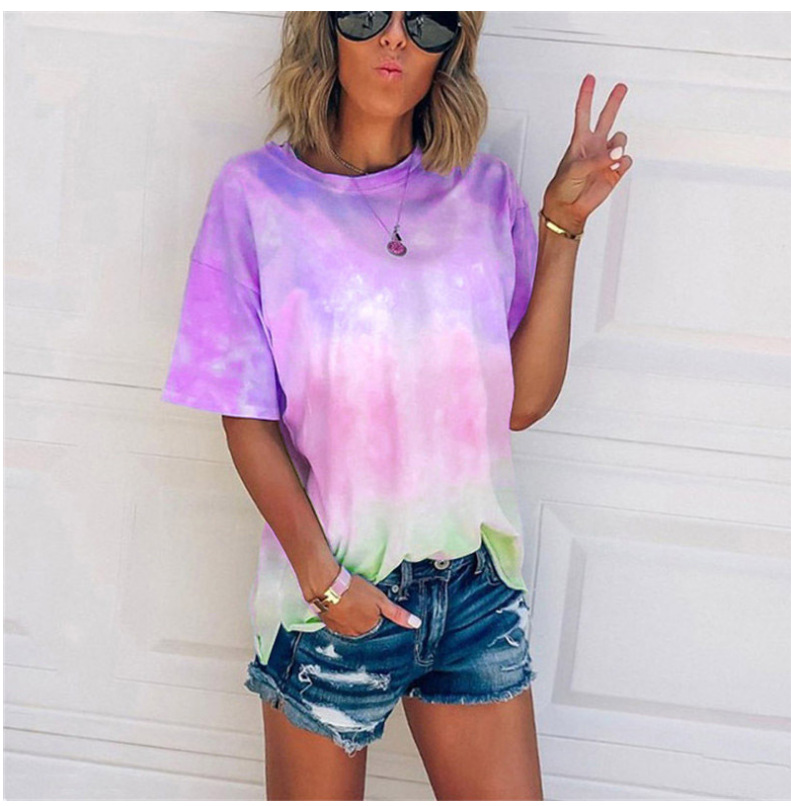 Tie-Dye Gradient Print Loose T-Shirt Women's Short Sleeve Crew Neck Top