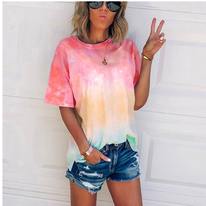 Tie-Dye Gradient Print Loose T-Shirt Women's Short Sleeve Crew Neck Top