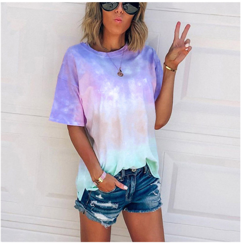 Tie-Dye Gradient Print Loose T-Shirt Women's Short Sleeve Crew Neck Top