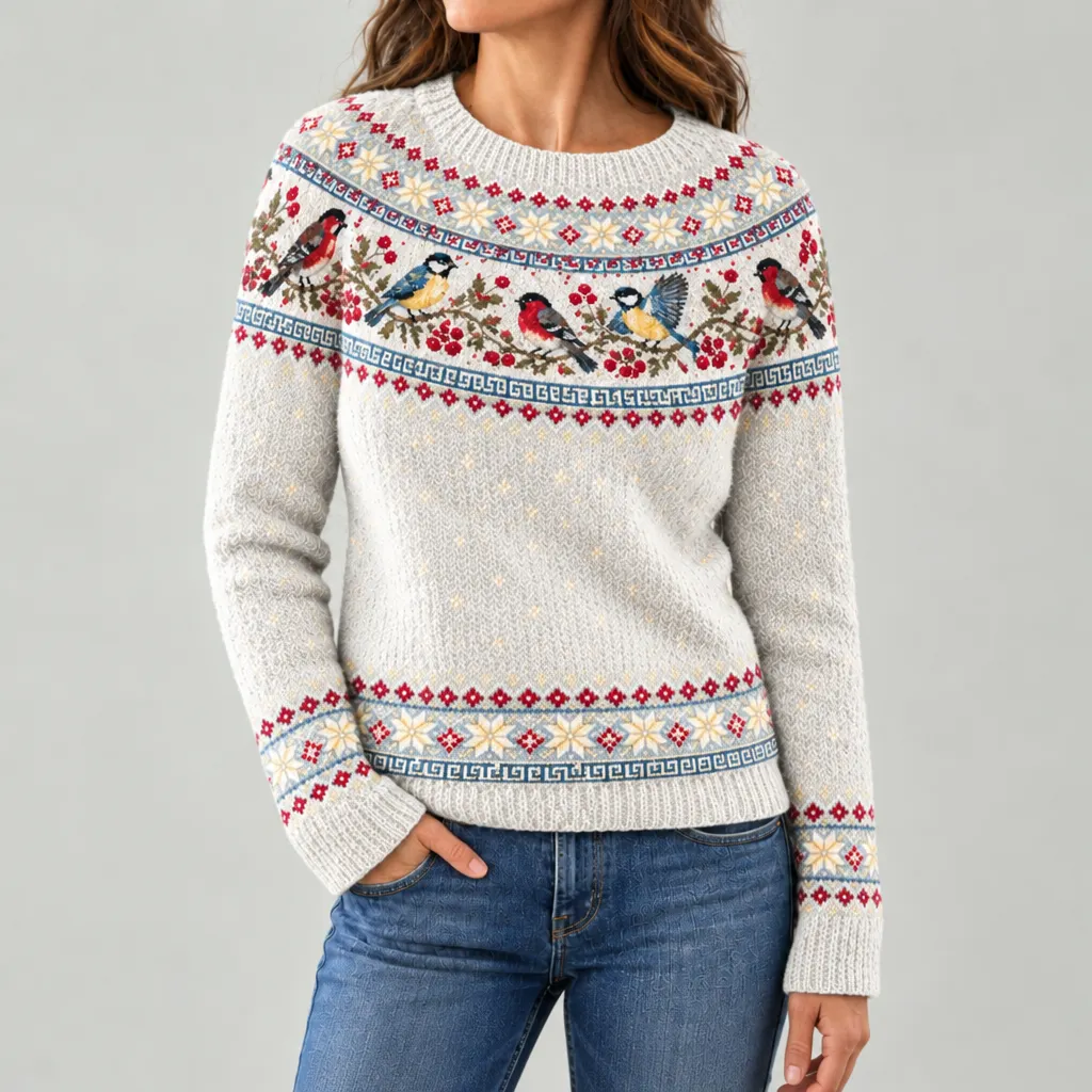 Women's Vintage-style Christmas Robin-pattern Crew-neck Sweater