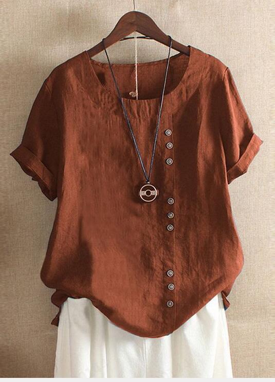 Retro Solid Color Cotton-Linen Short-Sleeve Button T-Shirt for Women Plus Size Loose Crew Neck