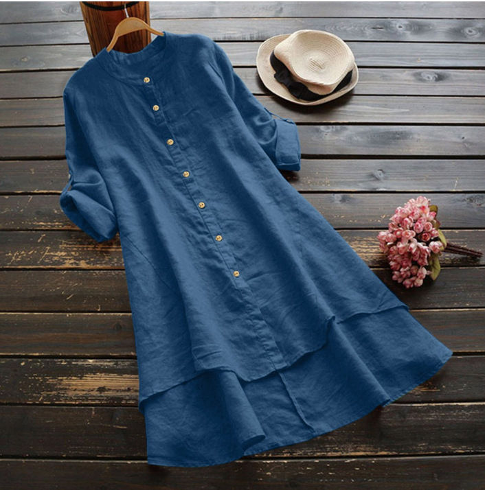 Women's Solid Button Cotton-Linen Long Sleeve Long Shirt